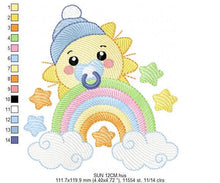 Load image into Gallery viewer, Sun with pacifier embroidery design - Rainbow embroidery design machine embroidery pattern - Stars clouds hat - instant download pes jef dst
