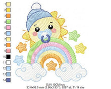 Load image into Gallery viewer, Sun with pacifier embroidery design - Rainbow embroidery design machine embroidery pattern - Stars clouds hat - instant download pes jef dst
