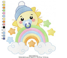 Load image into Gallery viewer, Sun with pacifier embroidery design - Rainbow embroidery design machine embroidery pattern - Stars clouds hat - instant download pes jef dst
