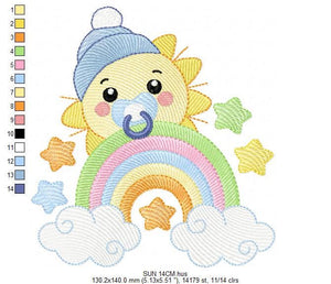 Sun with pacifier embroidery design - Rainbow embroidery design machine embroidery pattern - Stars clouds hat - instant download pes jef dst