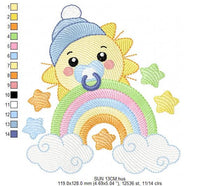 Load image into Gallery viewer, Sun with pacifier embroidery design - Rainbow embroidery design machine embroidery pattern - Stars clouds hat - instant download pes jef dst
