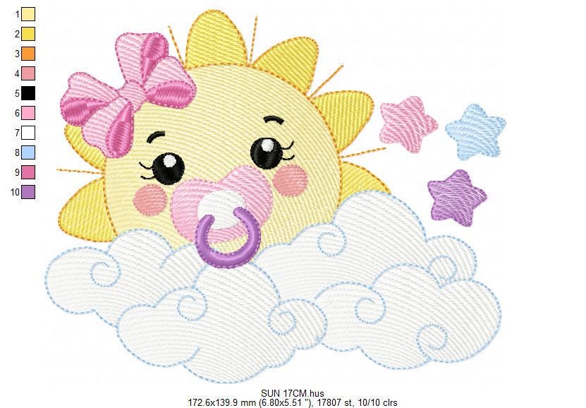 Sun with pacifier embroidery design - Clouds and stars embroidery design machine embroidery pattern - sky embroidery file - instant download