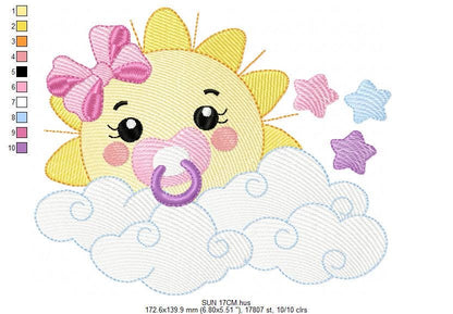 Sun with pacifier embroidery design - Clouds and stars embroidery design machine embroidery pattern - sky embroidery file - instant download
