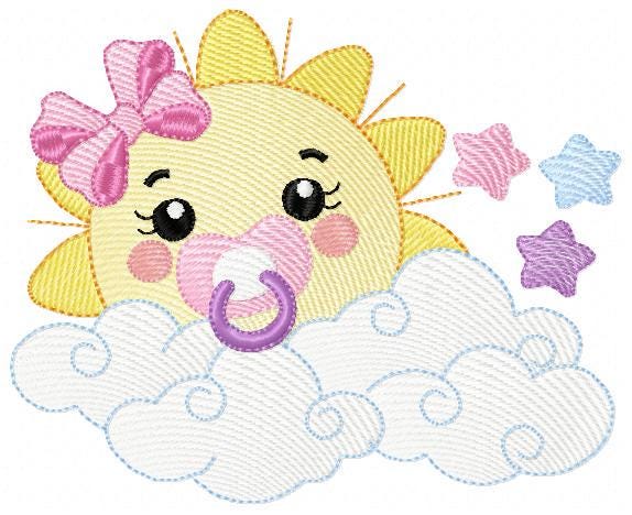 Sun with pacifier embroidery design - Clouds and stars embroidery design machine embroidery pattern - sky embroidery file - instant download