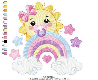 Sun with pacifier embroidery design - Rainbow embroidery design machine embroidery pattern - sky clouds stars lace - instant download pes