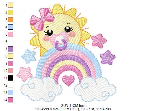 Sun with pacifier embroidery design - Rainbow embroidery design machine embroidery pattern - sky clouds stars lace - instant download pes