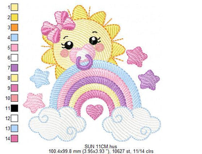 Sun with pacifier embroidery design - Rainbow embroidery design machine embroidery pattern - sky clouds stars lace - instant download pes