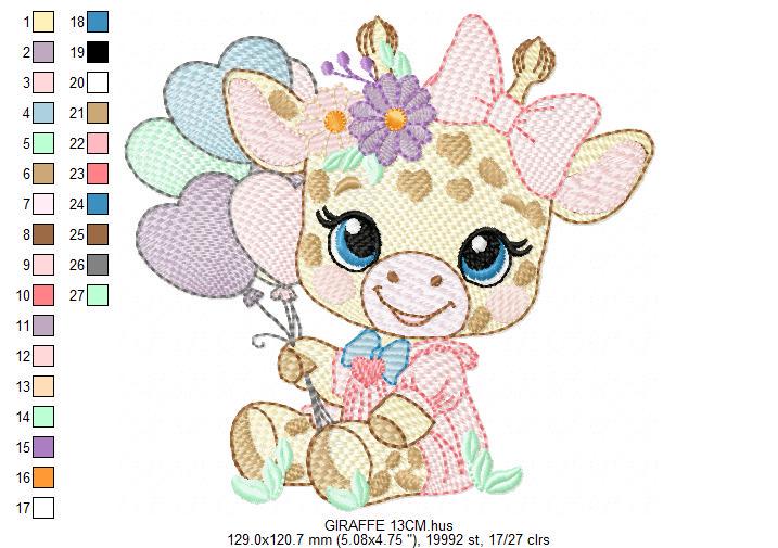 Giraffe with heart balloons embroidery design - Girl Animal with flowers embroidery designs machine embroidery pattern - instant download