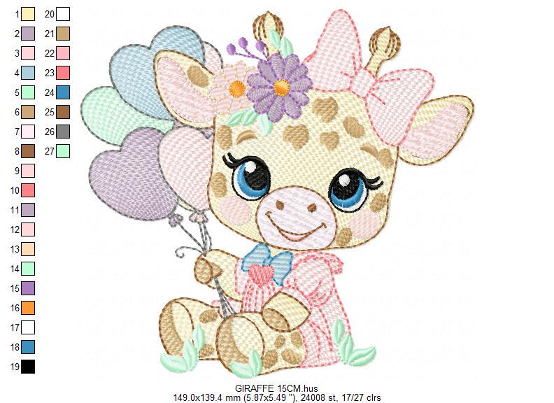 Giraffe with heart balloons embroidery design - Girl Animal with flowers embroidery designs machine embroidery pattern - instant download