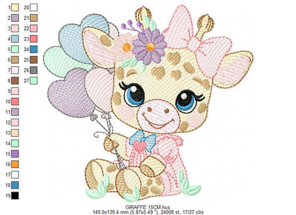 Giraffe with heart balloons embroidery design - Girl Animal with flowers embroidery designs machine embroidery pattern - instant download