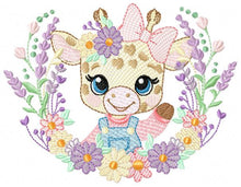 Cargar imagen en el visor de la galería, Giraffe with lace and flowers frame embroidery design - Female Girl Animal embroidery designs machine embroidery pattern - instant download
