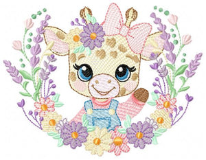 Giraffe with lace and flowers frame embroidery design - Female Girl Animal embroidery designs machine embroidery pattern - instant download