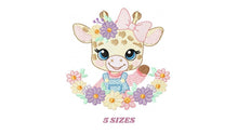 Cargar imagen en el visor de la galería, Giraffe with lace and flowers frame embroidery design - Female Girl Animal embroidery designs machine embroidery pattern - instant download
