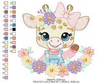 Load image into Gallery viewer, Giraffe with lace and flowers frame embroidery design - Female Girl Animal embroidery designs machine embroidery pattern - instant download
