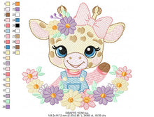 Load image into Gallery viewer, Giraffe with lace and flowers frame embroidery design - Female Girl Animal embroidery designs machine embroidery pattern - instant download
