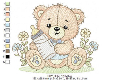 Male Bear with feeding bottle embroidery designs - Boy with flowers embroidery design machine embroidery pattern - instant download pes jef