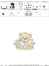 Load image into Gallery viewer, Male Bear with feeding bottle embroidery designs - Boy with flowers embroidery design machine embroidery pattern - instant download pes jef
