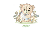 Load image into Gallery viewer, Male Bear with feeding bottle embroidery designs - Boy with flowers embroidery design machine embroidery pattern - instant download pes jef
