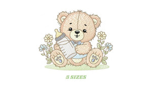 Male Bear with feeding bottle embroidery designs - Boy with flowers embroidery design machine embroidery pattern - instant download pes jef