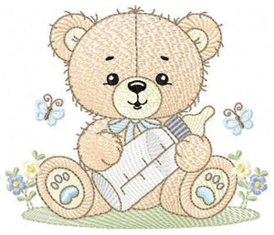 Bear with bottle embroidery designs - Baby boy embroidery design machine embroidery pattern - Bear with flowers - instant download pes jef