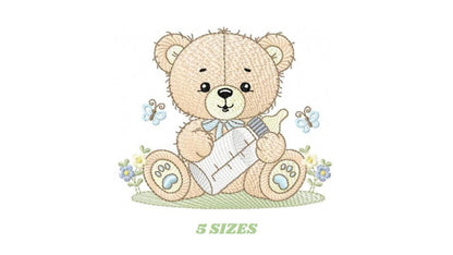 Bear with bottle embroidery designs - Baby boy embroidery design machine embroidery pattern - Bear with flowers - instant download pes jef