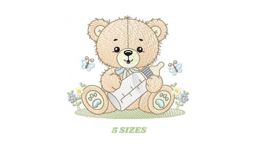 Bear with bottle embroidery designs - Baby boy embroidery design machine embroidery pattern - Bear with flowers - instant download pes jef