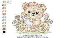 Cargar imagen en el visor de la galería, Female Bear with baby bottle embroidery designs - Girl with flowers and lace embroidery design machine embroidery pattern - instant download
