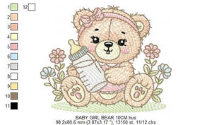 Female Bear with baby bottle embroidery designs - Girl with flowers and lace embroidery design machine embroidery pattern - instant download