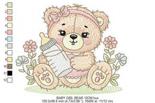 Load image into Gallery viewer, Female Bear with baby bottle embroidery designs - Girl with flowers and lace embroidery design machine embroidery pattern - instant download
