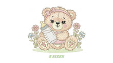 Laden Sie das Bild in den Galerie-Viewer, Female Bear with baby bottle embroidery designs - Girl with flowers and lace embroidery design machine embroidery pattern - instant download
