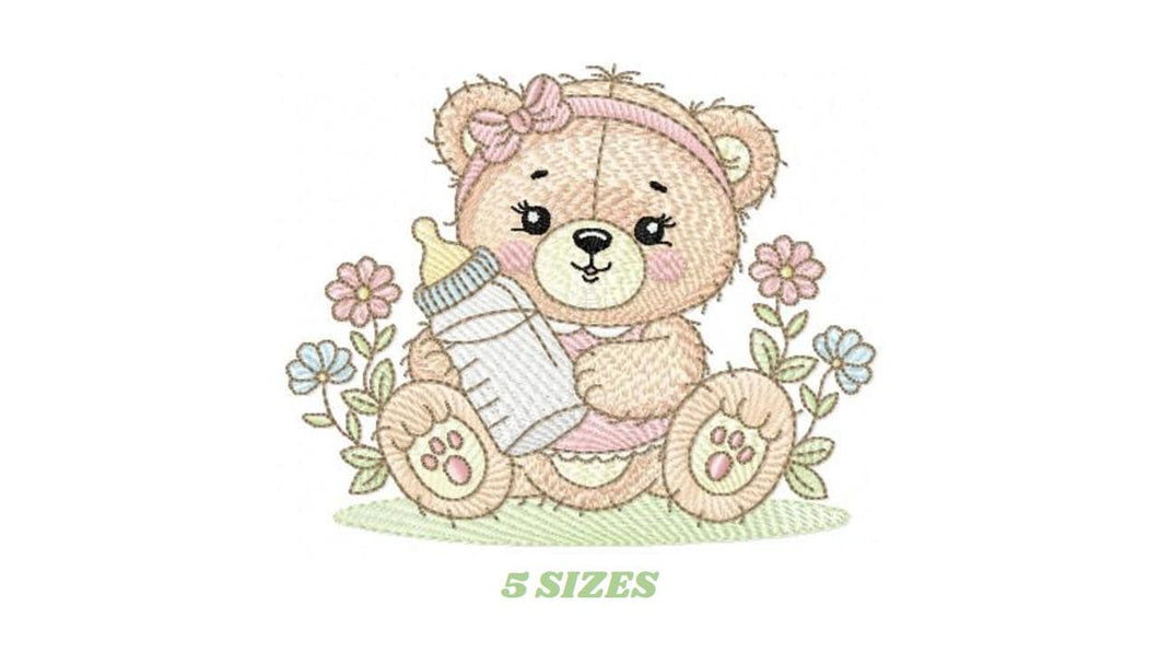 Female Bear with baby bottle embroidery designs - Girl with flowers and lace embroidery design machine embroidery pattern - instant download