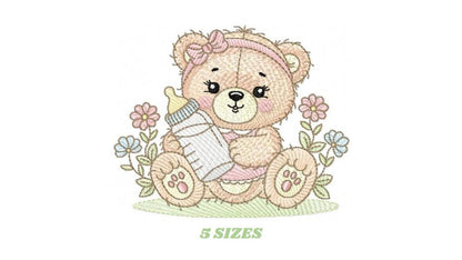 Female Bear with baby bottle embroidery designs - Girl with flowers and lace embroidery design machine embroidery pattern - instant download