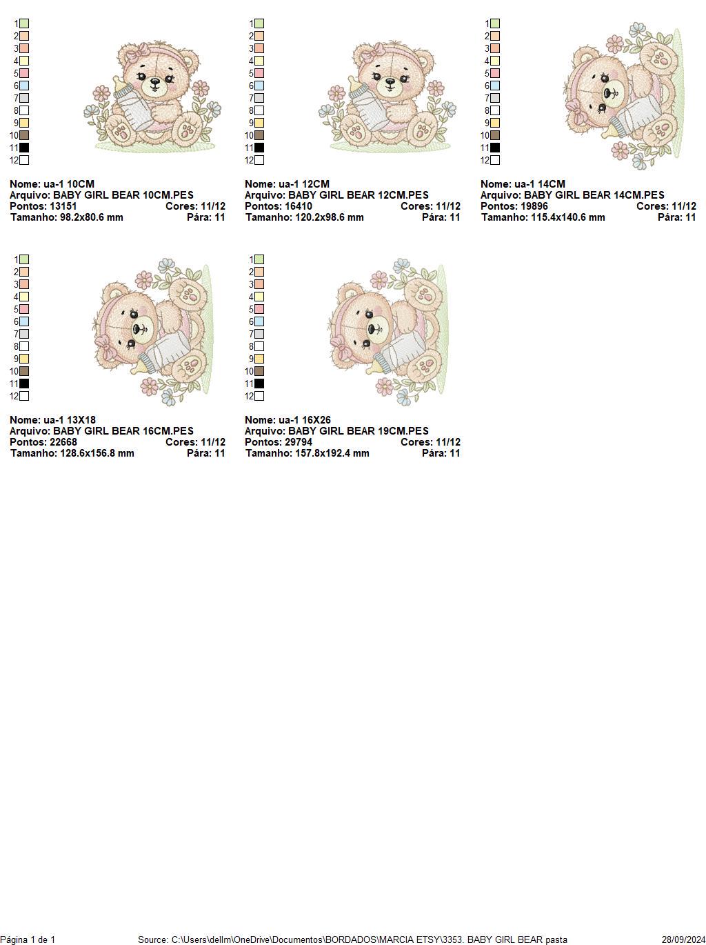 Female Bear with baby bottle embroidery designs - Girl with flowers and lace embroidery design machine embroidery pattern - instant download