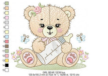 Load image into Gallery viewer, Baby girl Bear with bottle embroidery designs - Teddy Bear with flowers embroidery design machine embroidery pattern - instant download pes
