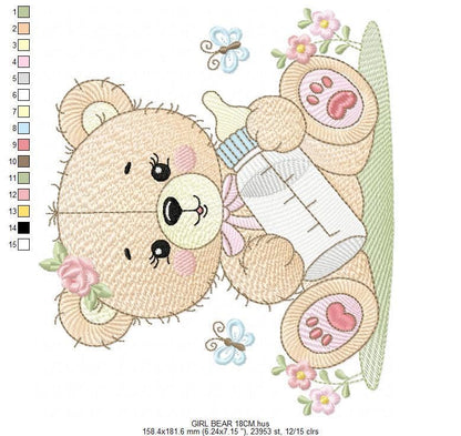 Baby girl Bear embroidery design - Teddy Bear with bottle and flowers machine embroidery pattern - Instant digital download pes jef dst