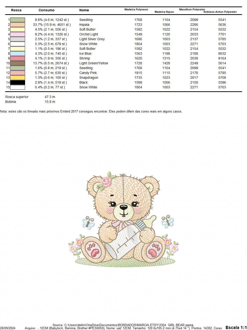 Baby girl Bear embroidery design - Teddy Bear with bottle and flowers machine embroidery pattern - Instant digital download pes jef dst