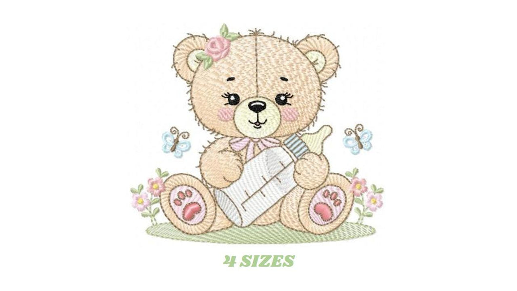 Baby girl Bear with bottle embroidery designs - Teddy Bear with flowers embroidery design machine embroidery pattern - instant download pes