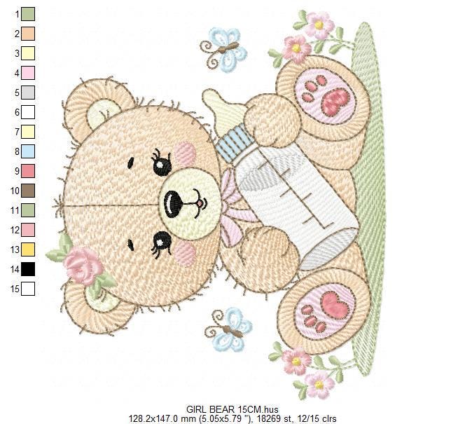 Baby girl Bear embroidery design - Teddy Bear with bottle and flowers machine embroidery pattern - Instant digital download pes jef dst