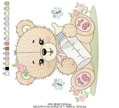 Baby girl Bear embroidery design - Teddy Bear with bottle and flowers machine embroidery pattern - Instant digital download pes jef dst