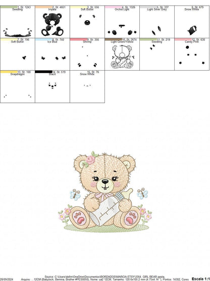 Bear with bottle embroidery designs - Baby girl embroidery design machine embroidery pattern - Bear with flowers - instant download pes jef