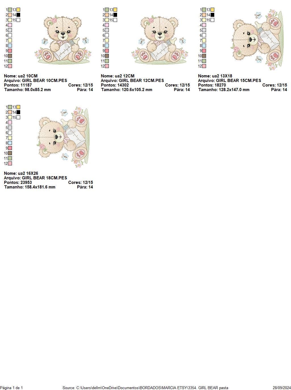 Bear with bottle embroidery designs - Baby girl embroidery design machine embroidery pattern - Bear with flowers - instant download pes jef
