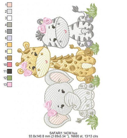 Female Safari animmals embroidery designs - Elephant Giraffe and Zebra embroidery design machine embroidery pattern - instant download pes