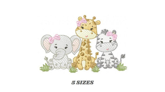 Safari animals embroidery design - Elephant Giraffe and Zebra machine embroidery pattern - Baby Girl file - Instant download