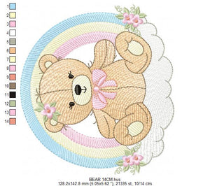 Girl Bear with rainbow embroidery designs - Female Teddy with flowers embroidery design machine embroidery pattern - instant download pes