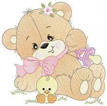 Load image into Gallery viewer, Girl Bear with chick embroidery designs - Bear with pacifier and lace embroidery design machine embroidery pattern - instant download pes
