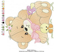 Load image into Gallery viewer, Girl Bear with chick embroidery designs - Bear with pacifier and lace embroidery design machine embroidery pattern - instant download pes
