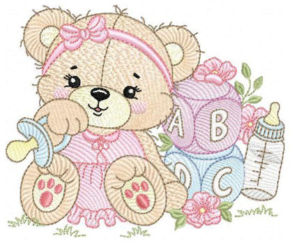 Bear with toys embroidery designs - Baby girl female Bear with pacifier embroidery design machine embroidery pattern - instant download pes