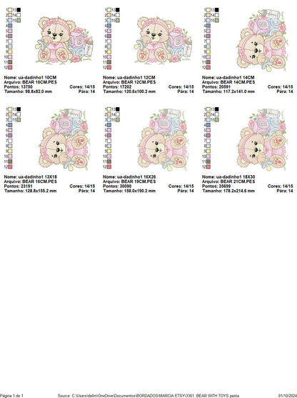 Bear with toys embroidery designs - Baby girl female Bear with pacifier embroidery design machine embroidery pattern - instant download pes
