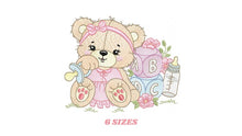 Load image into Gallery viewer, Bear with toys embroidery designs - Baby girl female Bear with pacifier embroidery design machine embroidery pattern - instant download pes
