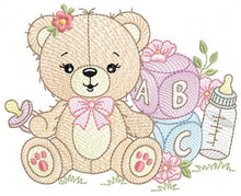 Charger l&#39;image dans la galerie, Baby girl Bear with toys embroidery designs - Female Bear with pacifier and flowers embroidery machine embroidery pattern - instant download
